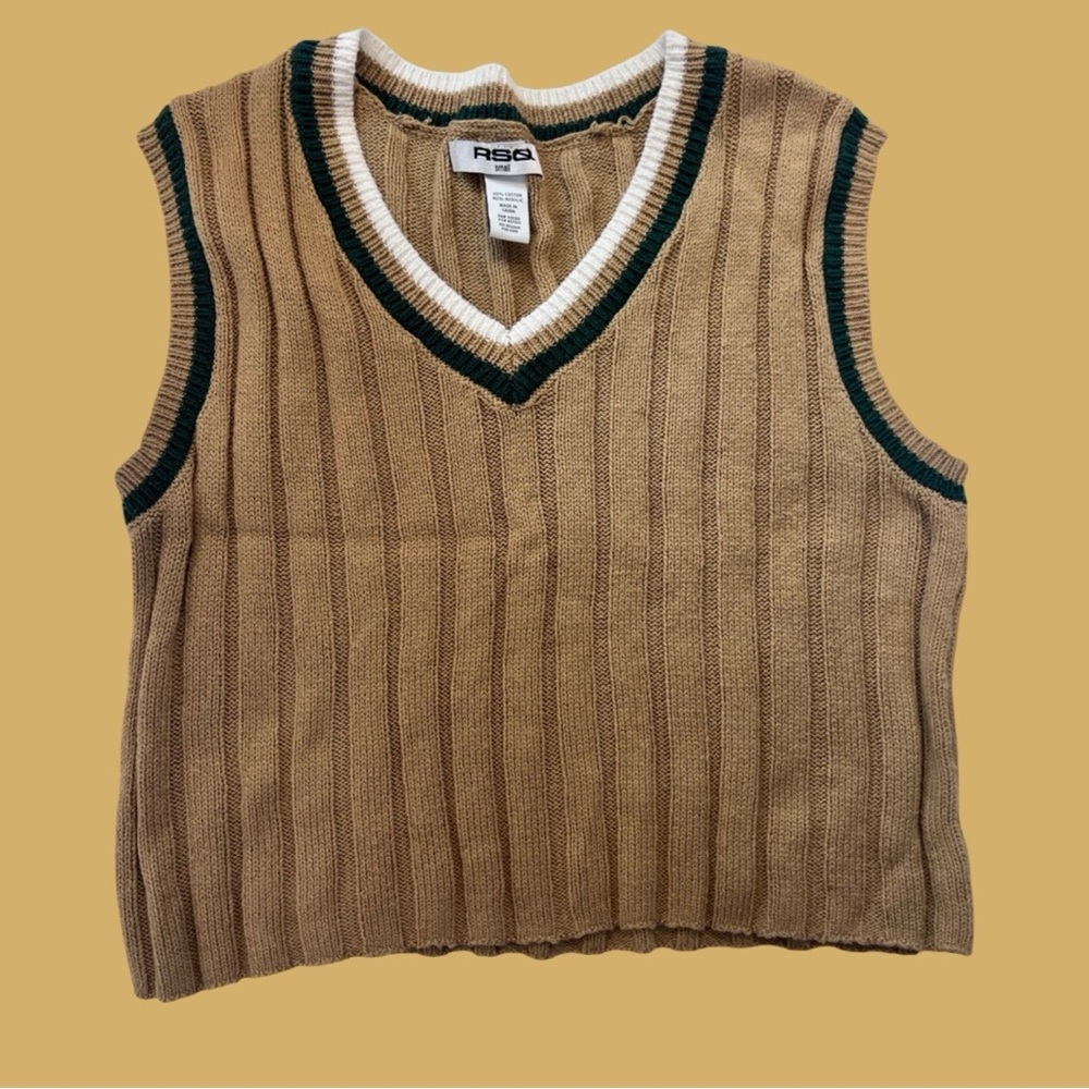 Junior’s RSQ | Tan & Green|  Knit Sweater Vest with Green and White Trim|
